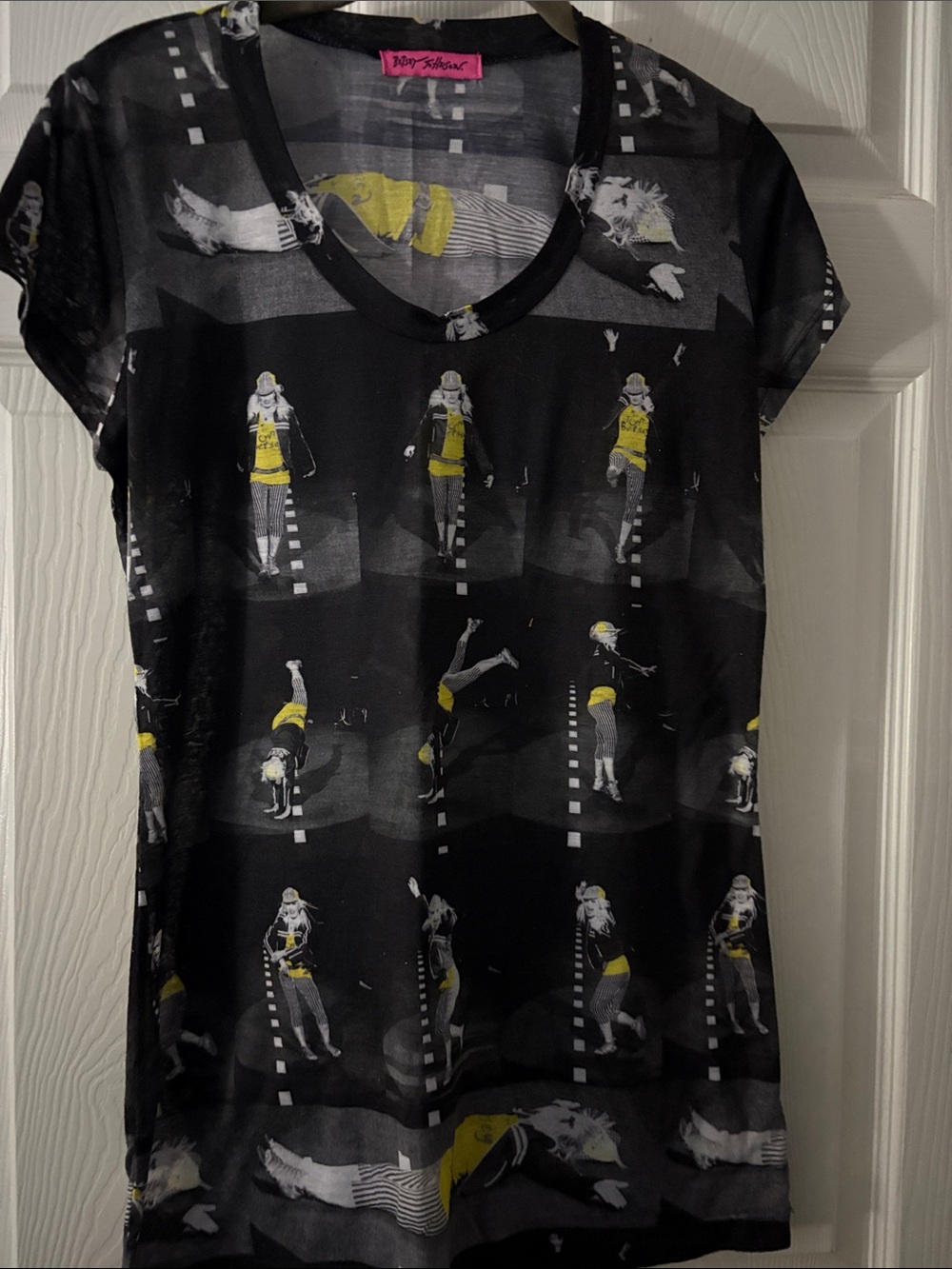 Betsey Johnson Black Short-Sleeve Graphic V-Neck Tee with Yellow Accents